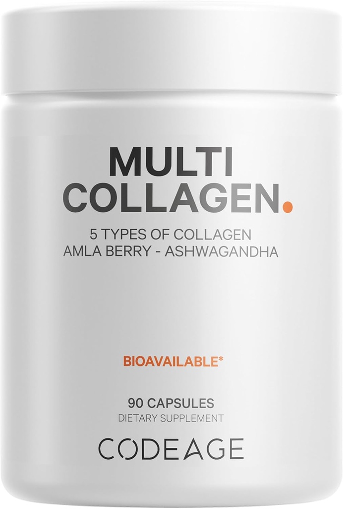 Codeage Multi Collagen Peptides Protein Capsules, 5 Τύποι κολλαγόνου, Grass-Fed & Hydrolyzed Bovine Collagen Pills Supplement, Ashwagandha, Amla Berry Vitamins, Collagen Peptides - 90 Κάψουλες