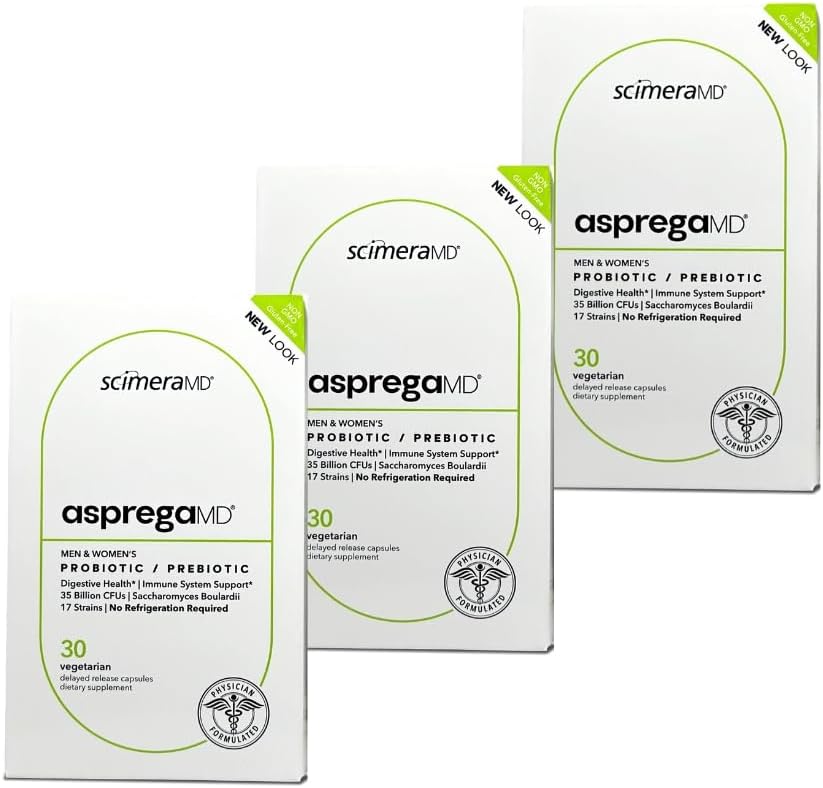 Asprega 30CT - Probiotic + Prebiotic Supplement | 17 Strains, 35 Billion CFUs | Delayed Release | Saccharomyces Boulardii | for Men & Women | by ScimeraMD, 3-Pack
