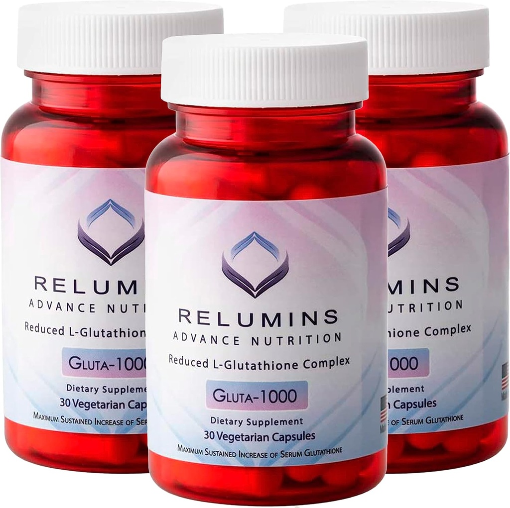 Relumins Advance Nutrition Gluta 1000 - L-Glutathione, Alfa Lipoic Acid & Rose HIPS, Antioksi Support for Skin & Total Wellness, Made in USA - 30 Capsules x 3 Şişes (45-Day Supply)