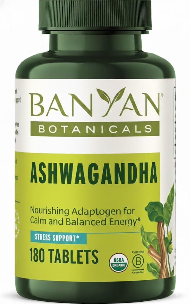 Μπανιάν Βοτανικά Ταμπλέτες Ashwagandha – Βιολογική ρίζα Ashwagandha – Φημισμένο βοτανικό προσαρμογόνο για την υποστήριξη της φυσικής ενέργειας και το στρες * – 180 δισκία – Μη ΓΤΟ Βιώσιμα πηγάζει Vegan