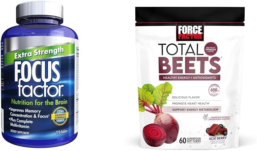 Focus Factor Adults Extra Strength, 120 Count - Brain Supplement for Memory & Force Factor Total Beets Soft Chews with Beetroot, Nitrates, L-Citrulline, Grapeseed Extract