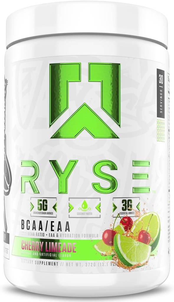 RYSE BCAA EAA Powder - Cherry Limeade - 5g διακλαδισμένη αλυσίδα Αμινοξέα, 3g Essential Aminos, Ζάχαρη-ελεύθερο ηλεκτρολύτες για την προ & μετά την προπόνηση αποκατάσταση μυών, ενυδάτωση και δύναμη - 30 εξυπηρετήσεις