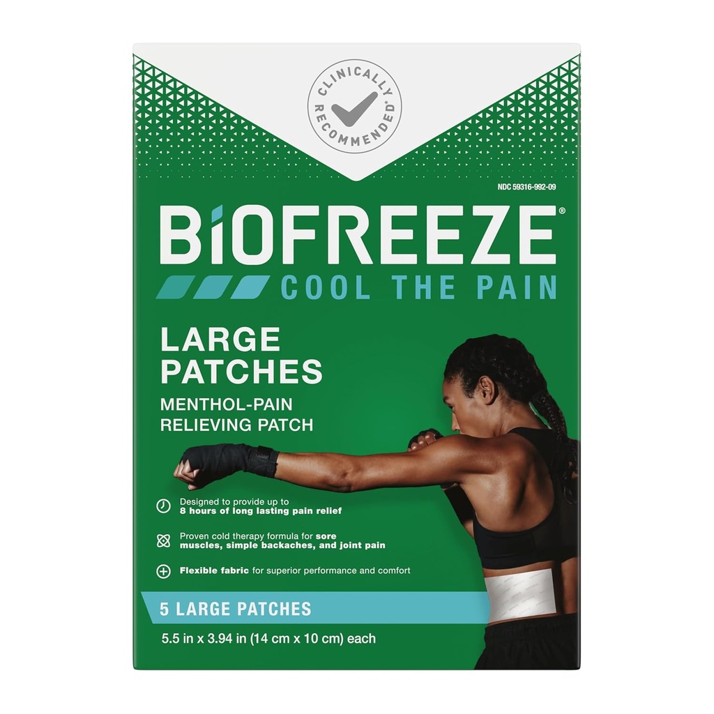 Biofreeze Large Pain Relief Patches, Menthol Pain Patches for Lower Back,Boy, Diz, & Omuz, Comfortable & Flex Fabric Stays in Place, FSA Elect, 5 ctt
