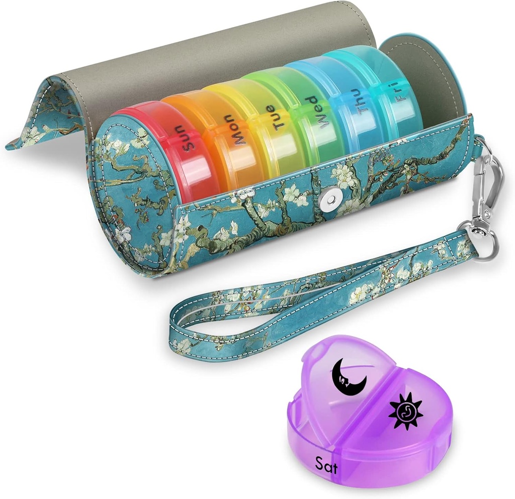 FINPAC Pill Organizer 2 Times A Day, Great Weekly AM PM Pill Box with Performing PU Deri Case for 7 Days Drug Care, Round Medicine Vitamini Konteyner ve Sahipleri (Blossom)