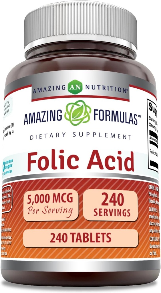 Amazing Formulas Folic Acid Supplement | 5000 Mcg | Tabletler | Non-GMO | Gluten Free | Made in USA (240 Count)