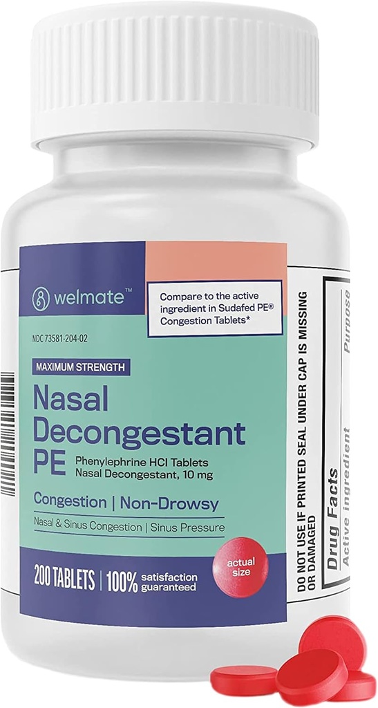 WELMATE - Nasal Decongestant PE - Phenylephrine HCl 10 mg - maksimum Güç - Sinus Relief - Cold & Allergies - Non-Drowsy - Antihistamine - Pain Relief - Decongestants for Yetişkinler - 200 Tablet