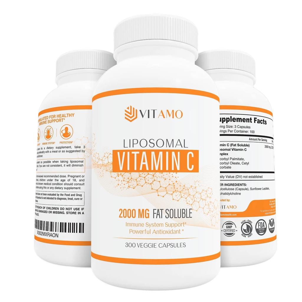 Liposomal Vitamin C 2000 mg | Üstün Teslimat Sistemi | 300 Capsules Immune Support & Collagen ATM | High Abxia Ascorbici, High Dose C, Zero Soy, 100% Non-GMOMO