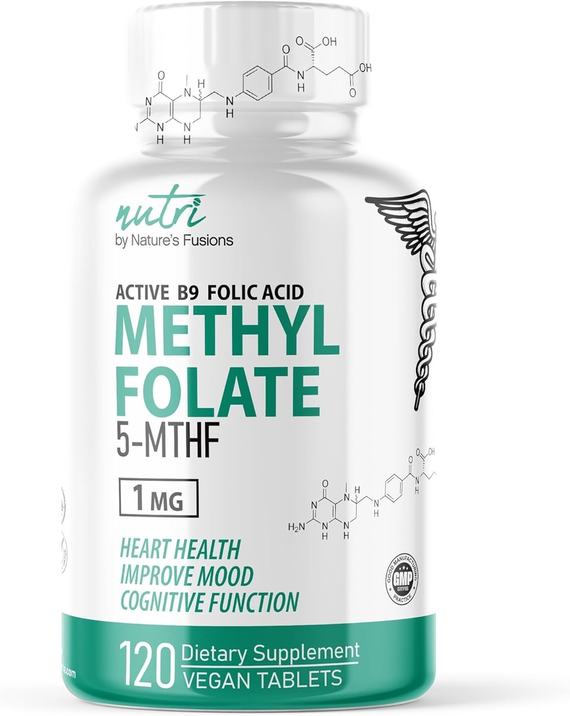Σύντηξη της φύσης Nutri 5-MTHF L Methylfolate 1MG - 4 Μήνες προσφοράς, 120 Vegan Tablets - μεθυλιωμένο συμπλήρωμα φολικό - Γνωστική λειτουργία, υγεία της καρδιάς, προγεννητική υποστήριξη - μεθυλιωμένο φολικό οξύ