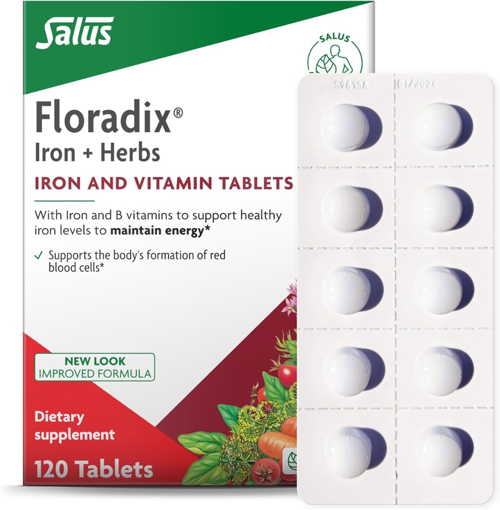 Floradix Demir Tabletleri - B Vitaminleri ile Demir Supplement, Folic Asit, C & More - Enerji Desteği - Vejetaryen & Gluten-Free - 120 Tablet (120 Hizmet)