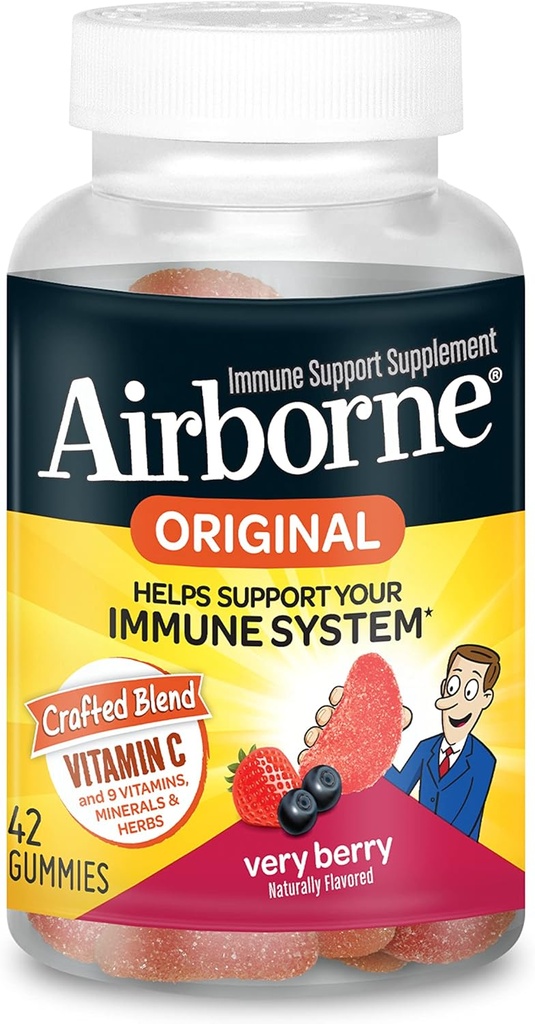 Airborne 750mg Βιταμίνη C Gummies Για Ενήλικες, Συμπλήρωμα Ανοσολογικής Υποστήριξης με Ισχυρές Αντιοξειδωτικές Βιταμίνες C & E - 42 Gummies, Πολύ Berry Γεύση