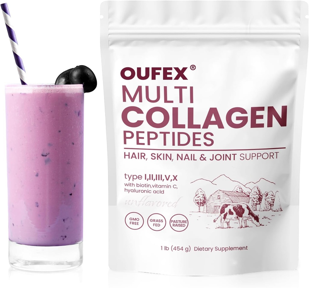 Multi Collagen Peptides Powder, Collagen Peptides for Women & Men, Collagen Powder with Hyaluronic Acid, Biotin, Types I, II, III, V, X, Προωθεί τα μαλλιά, νύχια, δέρμα, οστά και κοινή υγεία (1 lb)