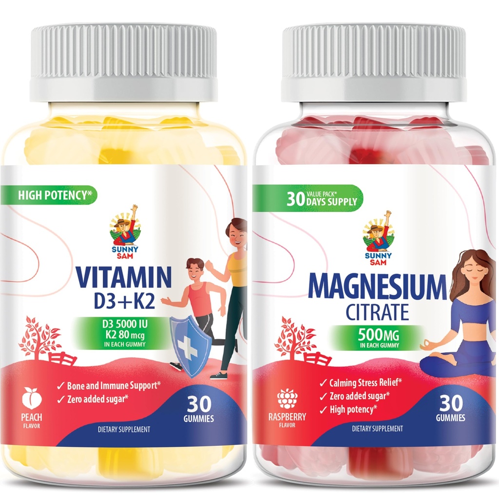 Çocuklar ve Yetişkinler için Magnezyum Gummies - 500 mg ve Vitamin D3 K2 Gummies 5000 IU. Calm Magnezyum Chews - Magnezyum Citrate Chewable Supplement for Mood & Muscle Support