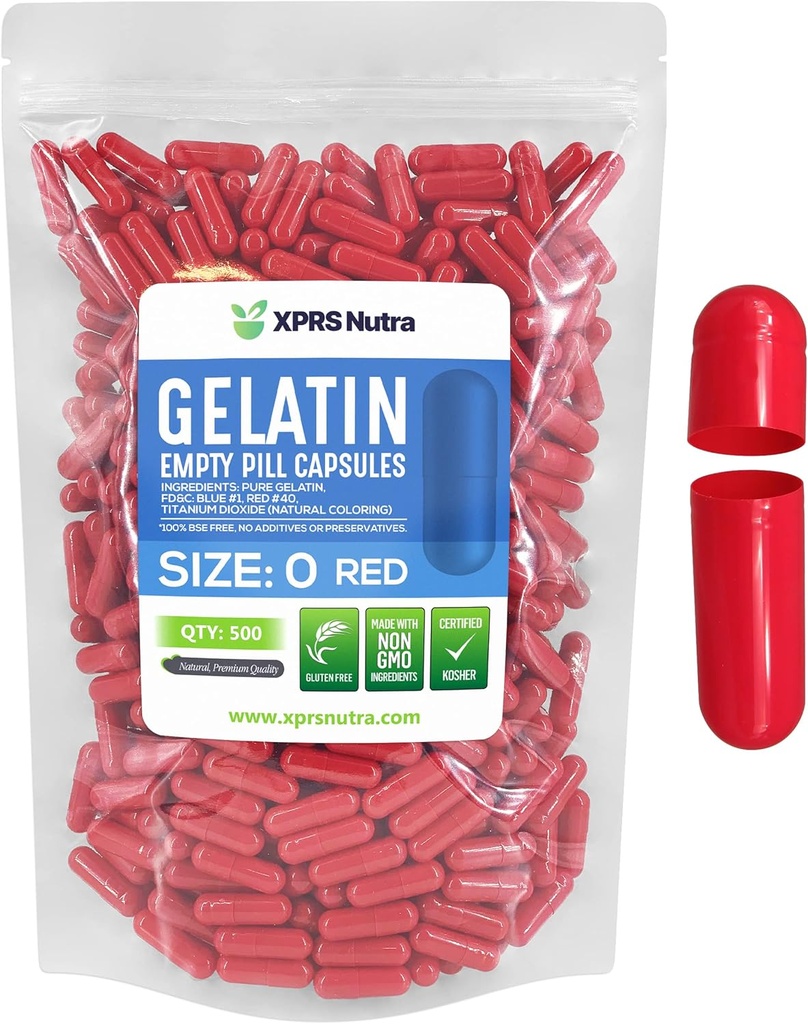 XPRS Nutra Boyutu 0 Boş Kapsüller - 500 Kont Boş Gelatin Capsules - Pills DIY Capsule - Pure Bovine Fillable Pill Gel Caps For Do-It- Yourself Supplements (Red)