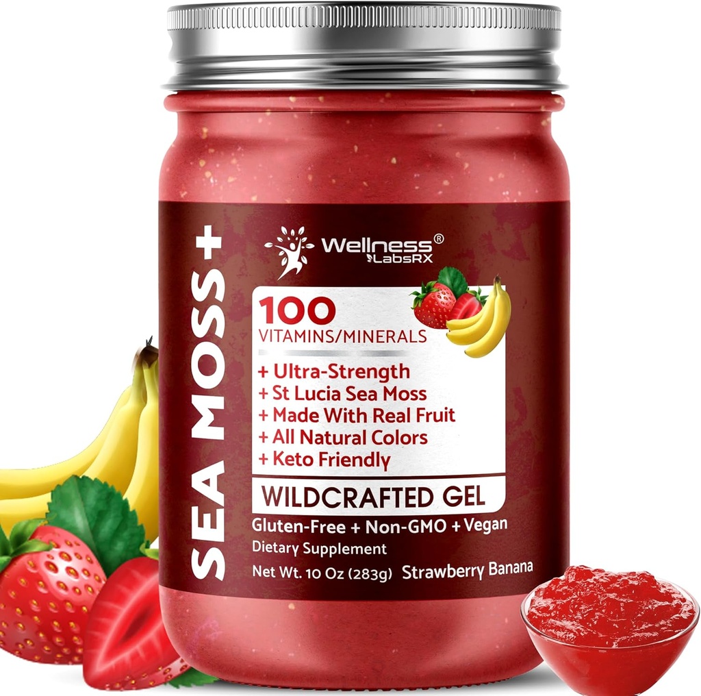 İrlandalı Deniz Moss Gel Raw - Vahşi Superfood Seamoss Gel - Strawberry Banana Flavor, Pristine Caribbean Waters, Immune ve Digestive Health Support - 10 oz.