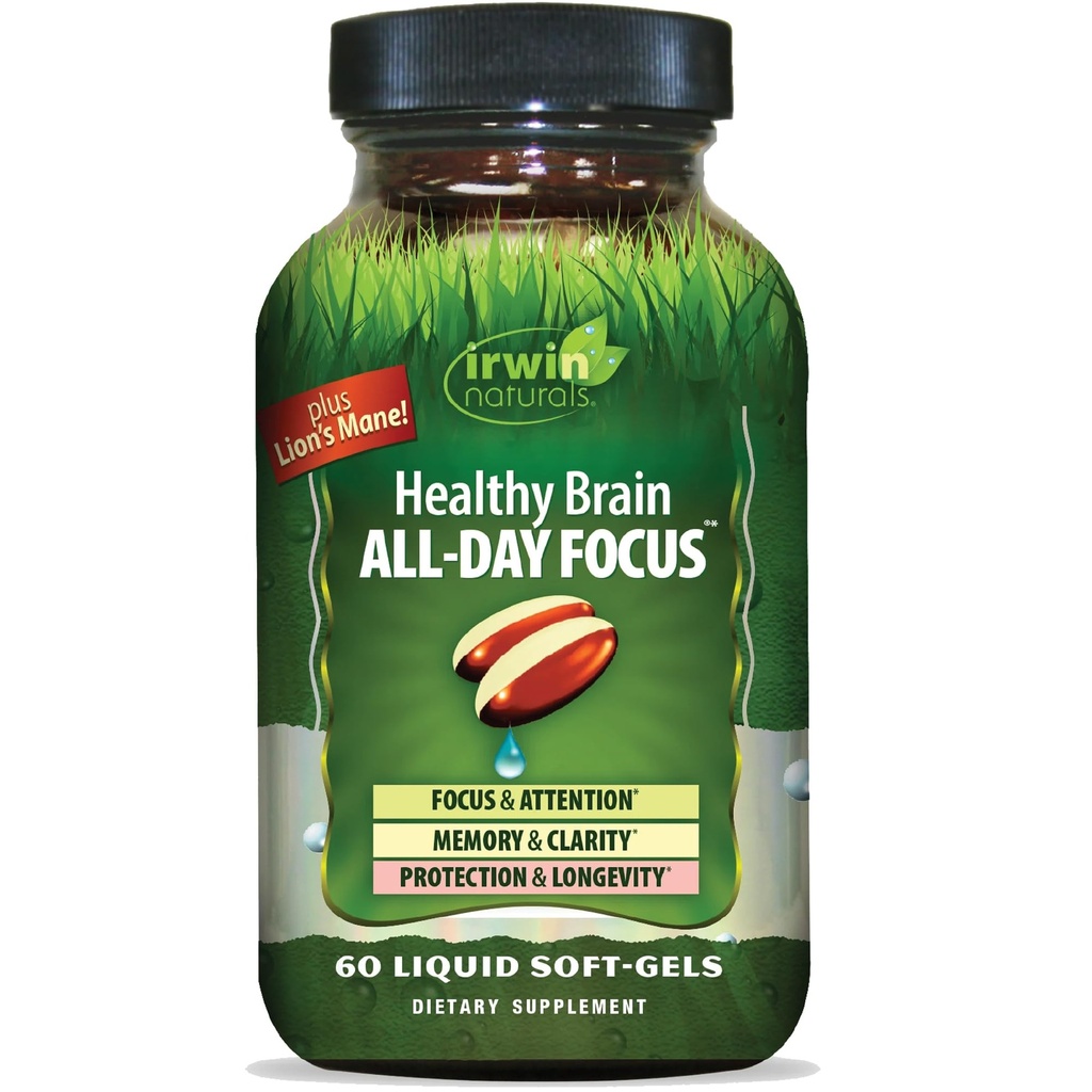 Irwin Naturals Healthy Brain All-Day Focus - 60 Liquid Soft-Gels - Ενισχύει την ψυχική απόδοση & προάγει την υγεία του εγκεφάλου μακράς διάρκειας - 30 Υπηρεσίες