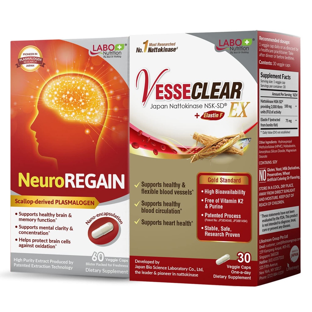 LABO Beslenme VesseCLEAR EX + NöroREGAIN: Nattokinase NSK-SD, Elastin F for Clean & Flex Blood Gemi, Cardiovascular & Circulation Support, Scallop-derived PLASMALOGEN for Brain Deterioration