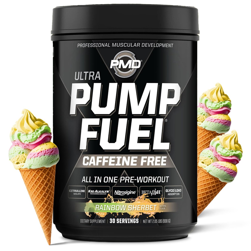 PMD Sports Pump Yakıt Ultra Caffeine Free - Premium Pre Workout Toz & Muscle Pump, Greater Focus, Endurance & Recovery, Premium Kreine, Arginine & Beta Alanine - Rainbow Sherbet (30 hizmet)