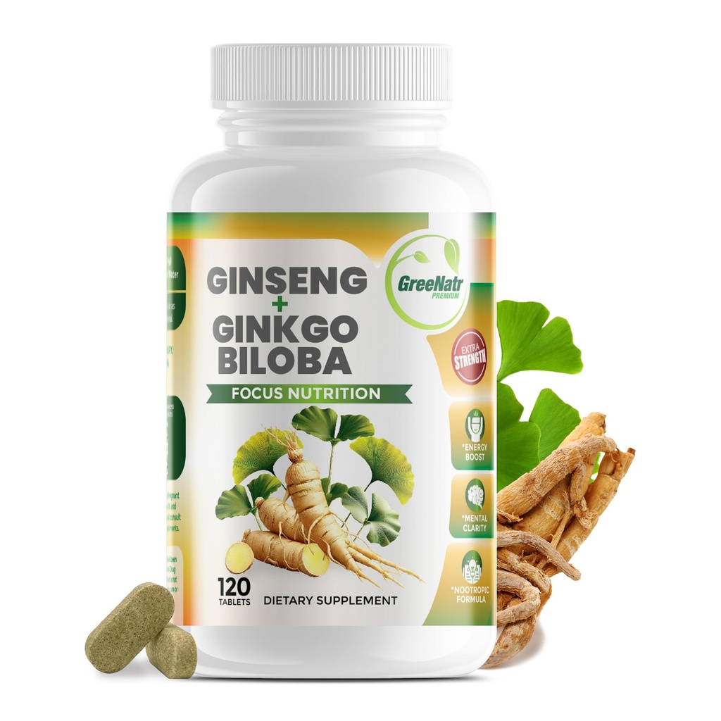 GreeNatr Ginko Biloba & Panax Ginseng συμπλήρωμα - Κόκκινο Ginseng συμπλήρωμα εγκεφάλου για τη μνήμη και εστίαση - Ginkgo Biloba συμπληρώματα για καλή όραση, ανοσοποιητικό σύστημα και βελτιωμένη ροή αίματος - 120 δισκία