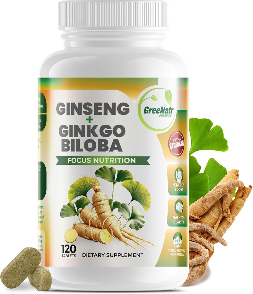 GreeNatr Ginko Biloba & Panax Ginseng συμπλήρωμα - Κόκκινο Ginseng συμπλήρωμα εγκεφάλου για τη μνήμη και εστίαση - Ginkgo Biloba συμπληρώματα για καλή όραση, ανοσοποιητικό σύστημα και βελτιωμένη ροή αίματος - 120 δισκία