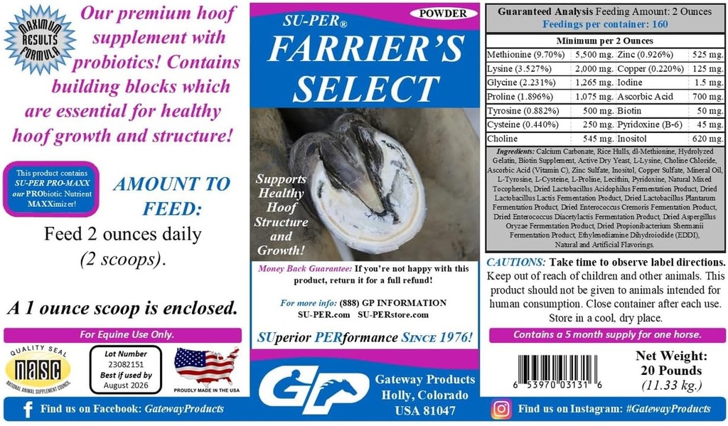 SU-PER Farrier's Select Hoof Supplement - Horse Premium Hoof Care Supplement with Probiotics - Healthy Hoof Growth - 20 Pounds, 5 Month Supply