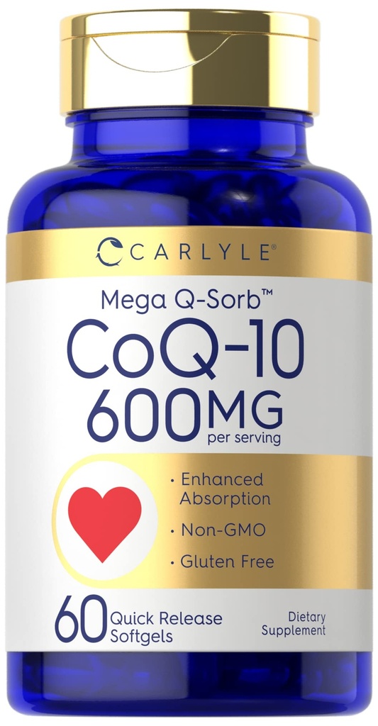 Carlyle CoQ10 600 mg Softgels | 60 Kont | Mega Q-Sorb Coenzyme Q-10 | Black Pepper Extract | Non-GMO & Gluten Free Supplement
