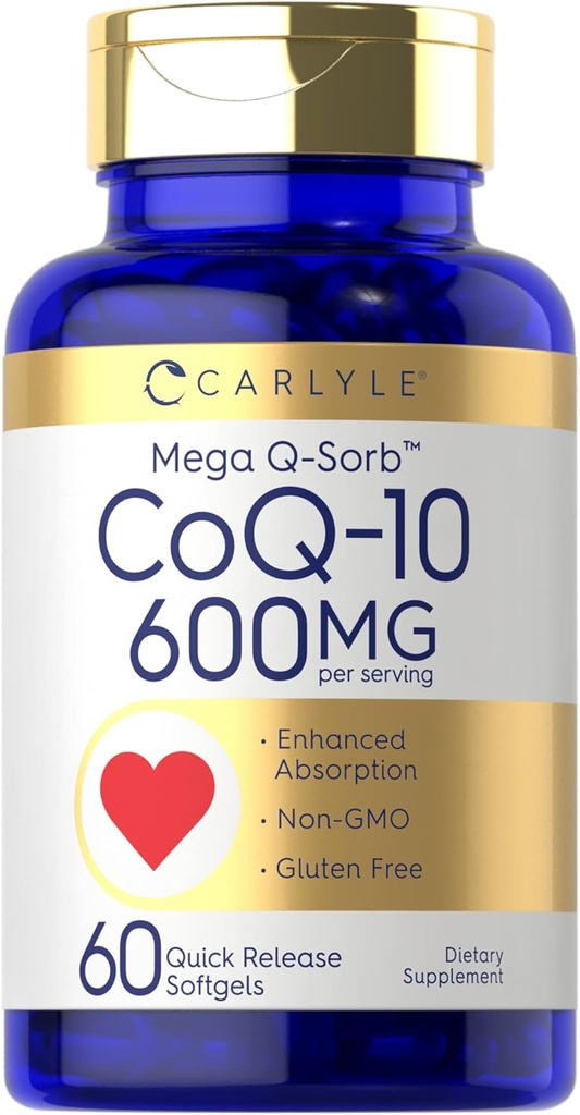 Carlyle CoQ10 600 mg Softgels | 60 Kont | Mega Q-Sorb Coenzyme Q-10 | Black Pepper Extract | Non-GMO & Gluten Free Supplement