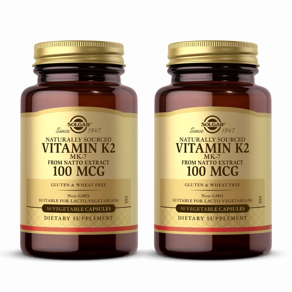 Solgar Φυσικά πηγασμένη βιταμίνη K2 (MK-7) 100 mcg - 50 κάψουλες λαχανικών, πακέτο των 2 - Υποστηρίζει την υγεία των οστών - ολόκληρη την πηγή τροφίμων από το εκχύλισμα Natto - μη-GMO, χωρίς γλουτένη - 100 Σύνολο σερβιρίσματος