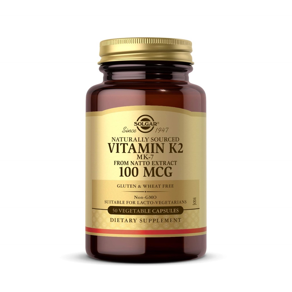 Solgar Φυσικά πηγασμένη βιταμίνη K2 (MK-7) 100 mcg - 50 κάψουλες λαχανικών, πακέτο των 2 - Υποστηρίζει την υγεία των οστών - ολόκληρη την πηγή τροφίμων από το εκχύλισμα Natto - μη-GMO, χωρίς γλουτένη - 100 Σύνολο σερβιρίσματος