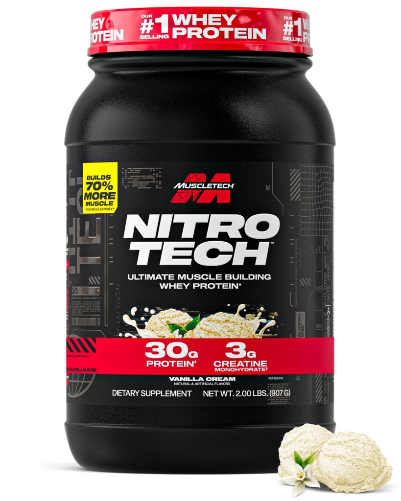 Muscletech Whey Protein Tozu (Vanilla Cream, 2.2 Pound) - Nitro-Tech Ultimate Muscle Building Formula Whey Protein Isolate - 30g of Protein, 3g of Kretine & 6.8g of BCAA - Ambalaj Vary