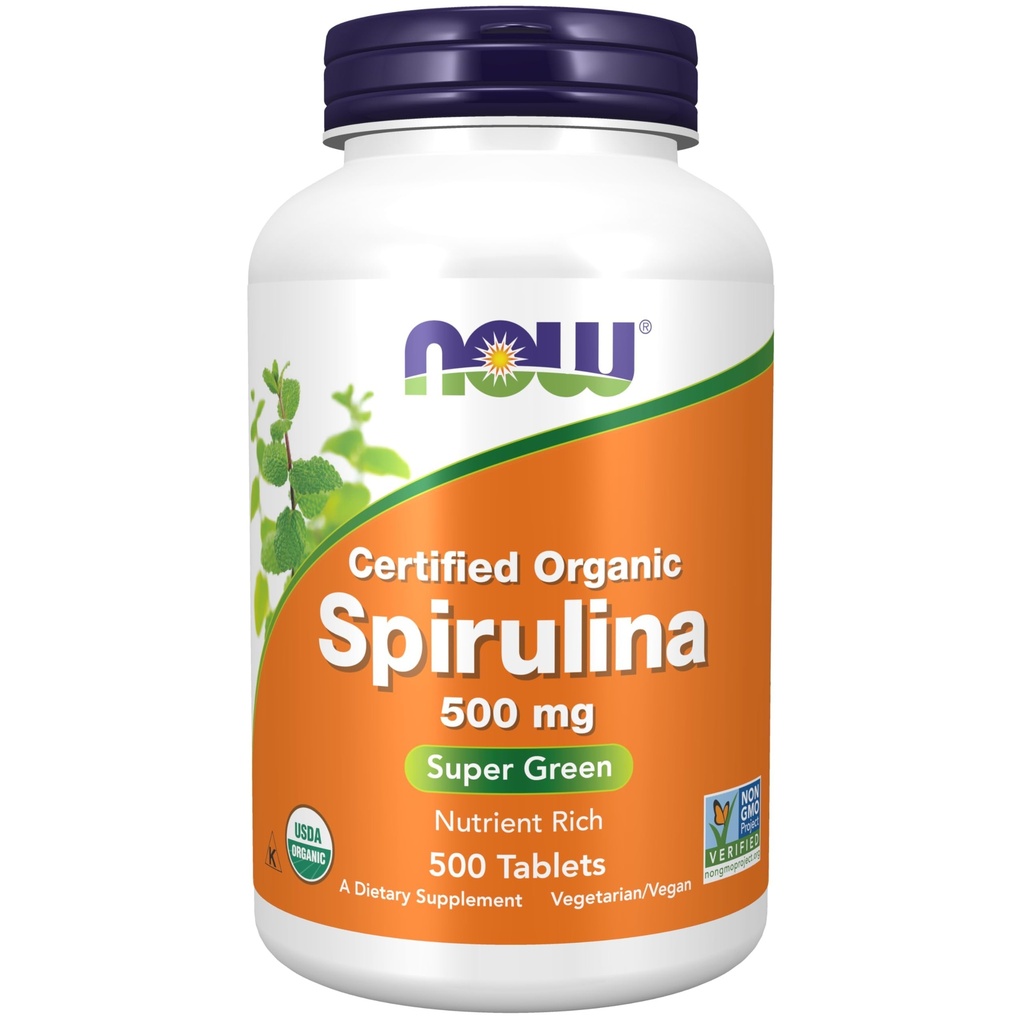 Şimdi Gıdalar Vitaminlerle Organik Spirulina 500 mg, Mineraller ve GLA (Gamma-Linolenic Acid), 500 Tablet