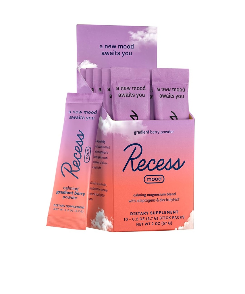 Recess Mood Powder, Calming Magnesium L-Threonate Blend with Passion Flower, L-Theanine, Electrolytes, Magnesium Calm Support Supplement - Gradient Berry Pack of 10