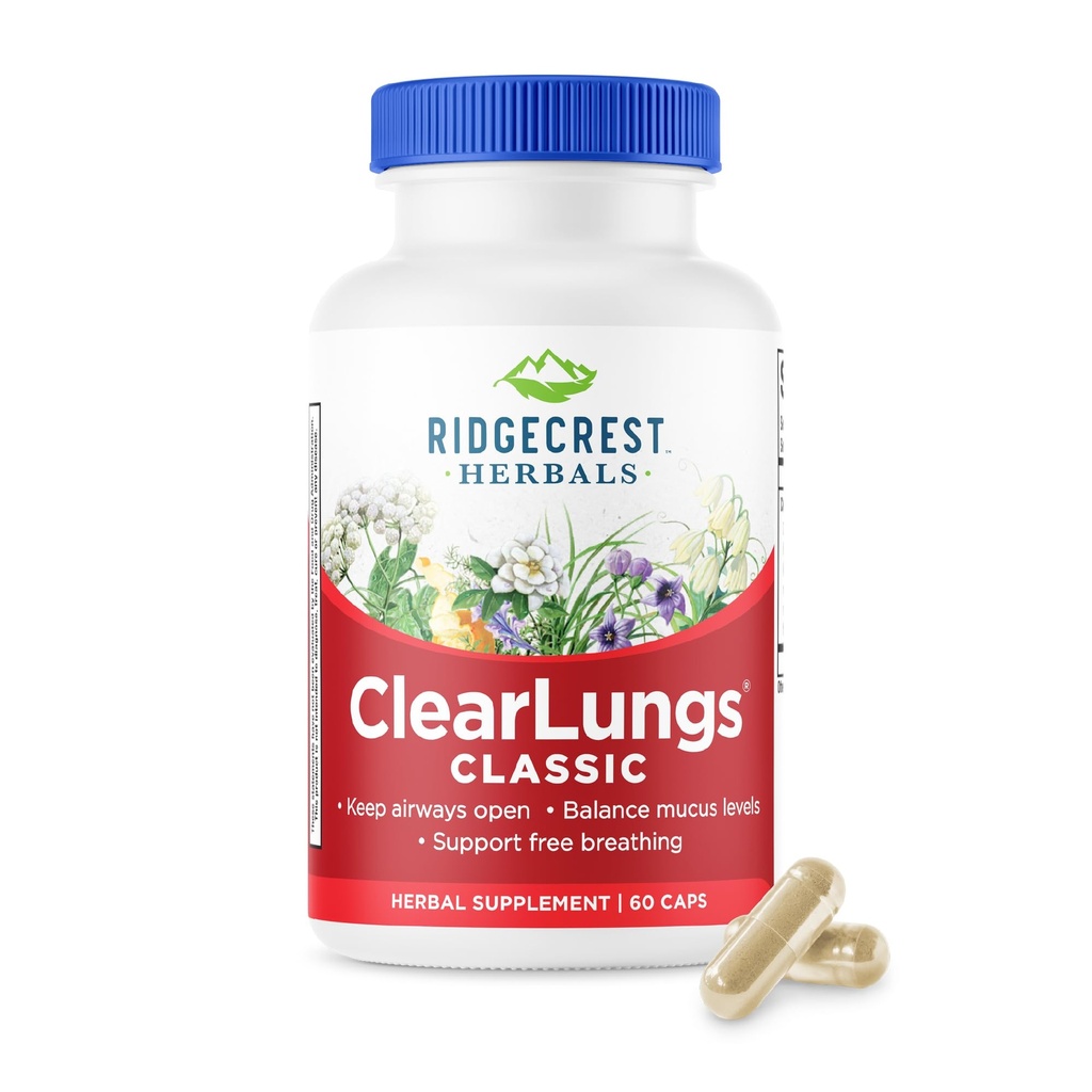 RidgeCrest Herbals ClearLungs Classic, Natural Lung and Nasal Daily Health Supplement για Bronchial, αναπνευστικό, ανοσοποιητικό, Sinus, και Mucus Wellness Support, Herbal Formula (60 Caps, 30 Serv)