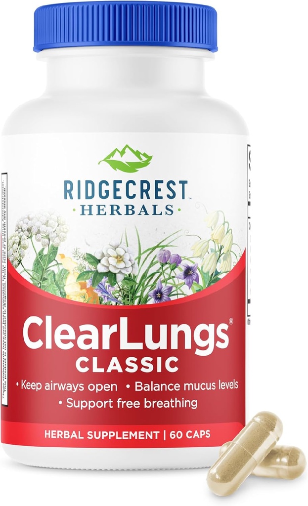RidgeCrest Herbals ClearLungs Classic, Natural Lung ve Nasal Daily Health Supplement for Bronchial, Respiratory, Immune, Sinus, and Mucus Wellness Support, Herbal Formula (60 Caps, 30 Serv)