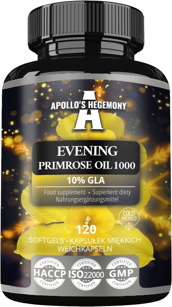 APOLLO'S HEGEMONY Primrose Oil 1000 mg with Vitamin E - Contains 100 mg of GLA Acid - 120 Softgel Capsules - 4 Ay Supply - Diyet Supplement to Support Hormonal Balance and Skin Health