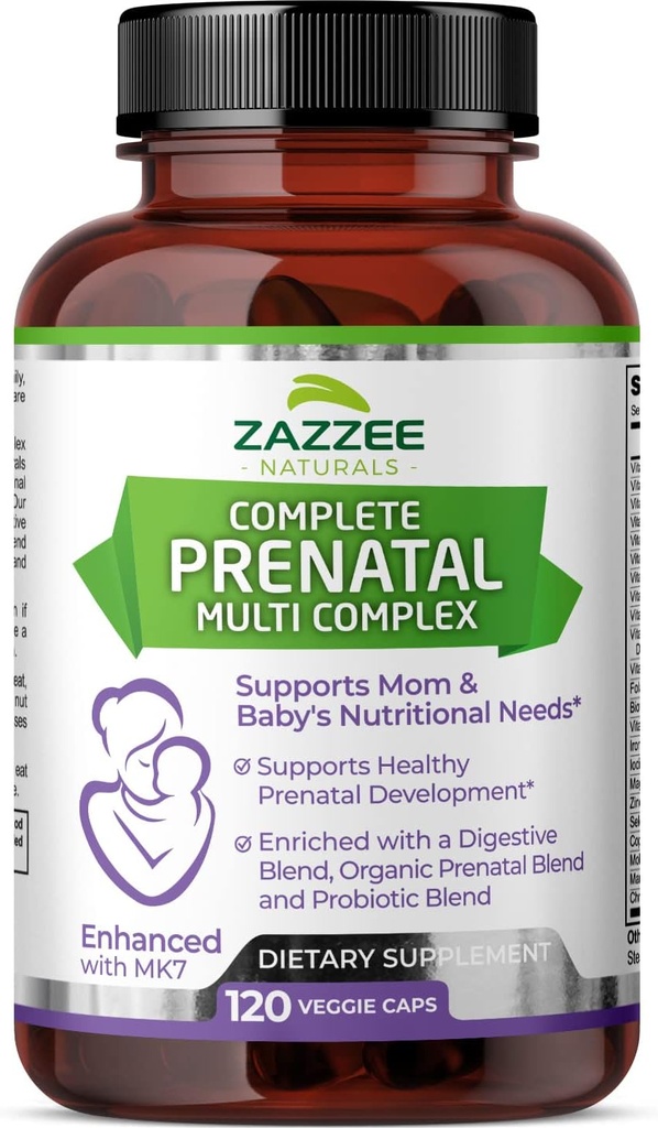 Zazzee Extra Strength Complete Prenatal Multi Complex, 120 Vegan Capsules, 2 Ay Supply, 23 Essential Vitamins & Minerals, MK7, 10 Milyar CFU Probiyotikleri, Prenatal Enzymes, Organik Herbal Mixs, 2 Ay Supply, 23 Essential Vitamins & Minerals, MK7, 10 Milyar CFU Probiyotikler, Prenatal Enzymes, Organik Herbal