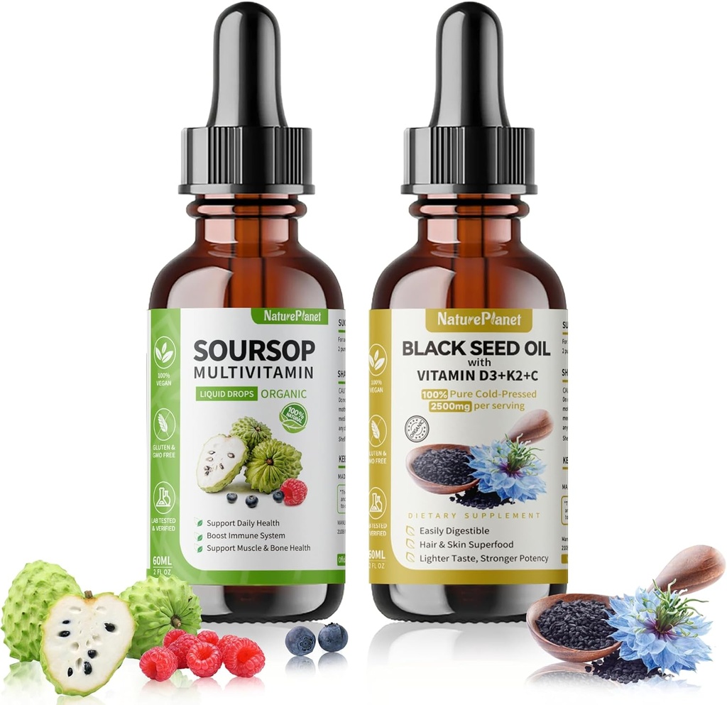 DoğaPlanet Organik Soursop Bitters ve Siyah Tohum Yağı D3, K2, B6, C | Vegan, Non-GMO, Gluten-Free