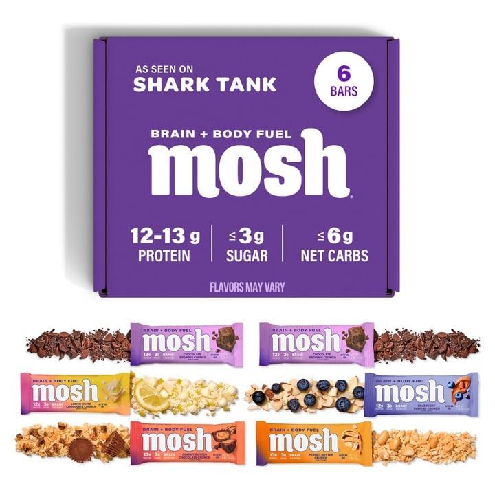 MOSH Çeşitli Paketi Keto Protein Barlar, Yüksek Fiber, Low Carb, Gluten Free, Yüksek Protein, Ashwagandha ile Beyin Sağlıklı Snack, Lion's Mane, 6 Kont Count Count Count Count