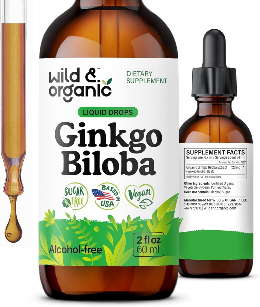Wild & Organic Ginkgo Biloba Βάμμα - Εγκέφαλος & Focus Υποστήριξη με Ginkgo Leaf Συμπλήρωμα - Vegan, Ζάχαρη & Αλκοόλ-Δωρεάν εκχύλισμα Βάμμα - 2 fl oz