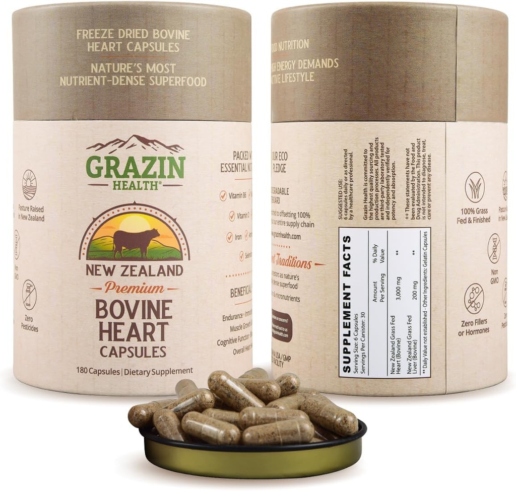 Grass-Fed Freeze-Dried Bovine Heart & Liver Capsules 3000 mg per Serving 