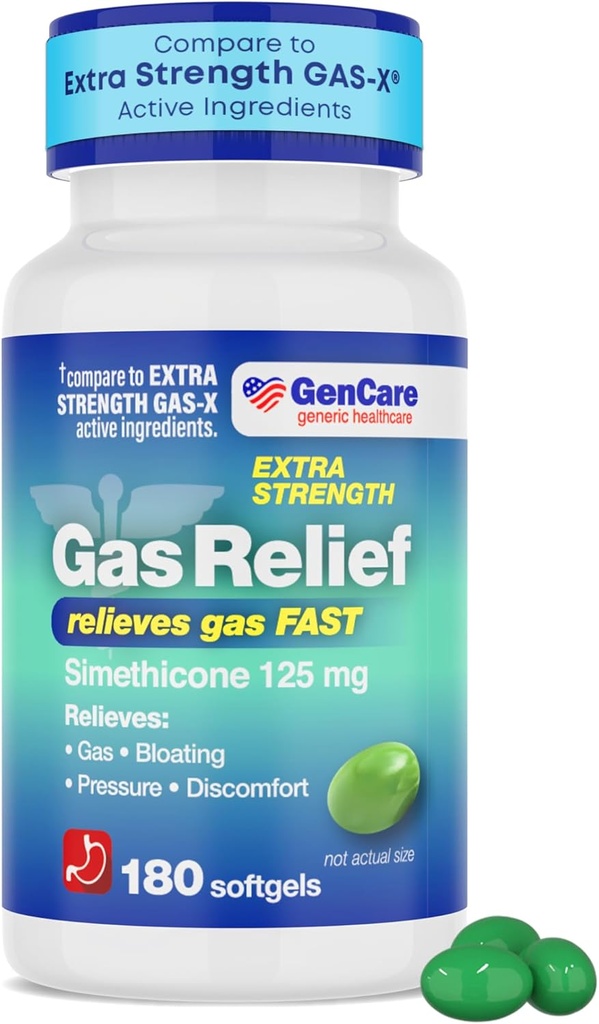 GenCare -Extra Strength Gas Relief Simethicone 125 mg (180 Softgels) Bloating Relief, Pressure & Discomfort için maksimum Güçlü Anti Gaz Pilleri - Genric Ekstra Güçlü Gaz X