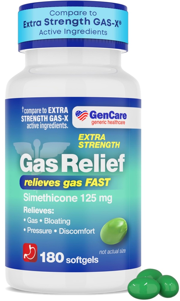 GenCare -Extra Strength Gas Relief Simethicone 125 mg (180 Softgels) Bloating Relief, Pressure & Discomfort için maksimum Güçlü Anti Gaz Pilleri - Genric Ekstra Güçlü Gaz X