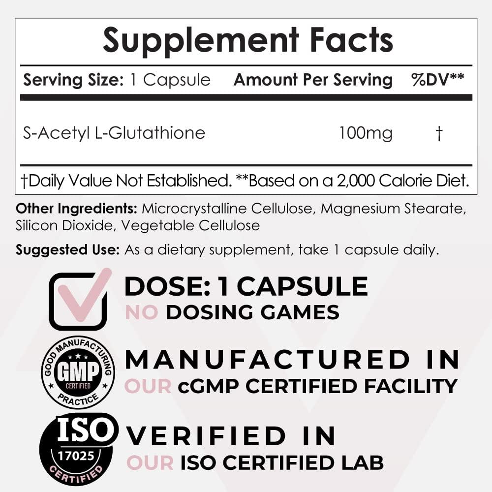 S-Acetyl L-Glutathione Capsules | 100 mg | 180 Kont | High Bioavailabliity Glutathione | Nootropics Depot