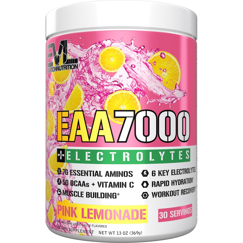 Διατροφή Evlution EAA7000 + Ηλεκτρόλυτα - Pre & Post Σκόνη προπόνησης - Μυϊκό Κτίριο + Συμπλήρωμα αποκατάστασης - 7g EAAs + 5g BCAAs + 6 Ηλεκτρόλυτα κλειδιά - Ταχεία ενυδάτωση - 30 εξυπηρετούν - Pink Λεμονάδα