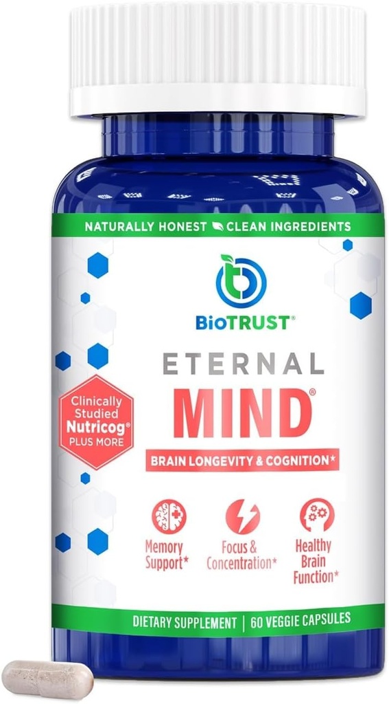BioTrust Eternal Mind Brain Supplements for Memory & Focus - Sharpen Mental Agility, Recall & Concentration with Age - Clinically Studied Supplement for Longevity & Cognition - 30 Servings