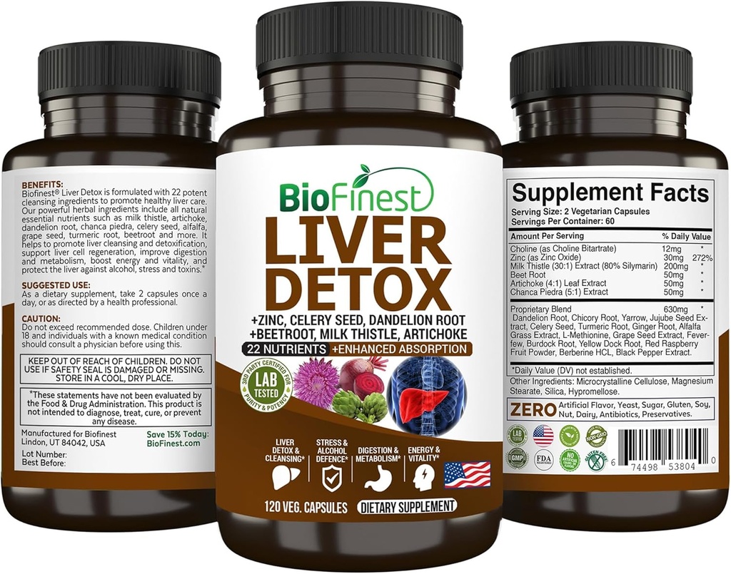 BioFinest Liver Detox Supplement - 22 Nutrients Süt Butle Artichoke Celery Seed Chanca Piedra Beet Root Dandelion Turmeric Ginger - Alkol Temiz Enerji Digestion Metabolism (120 Veg. Capsules)