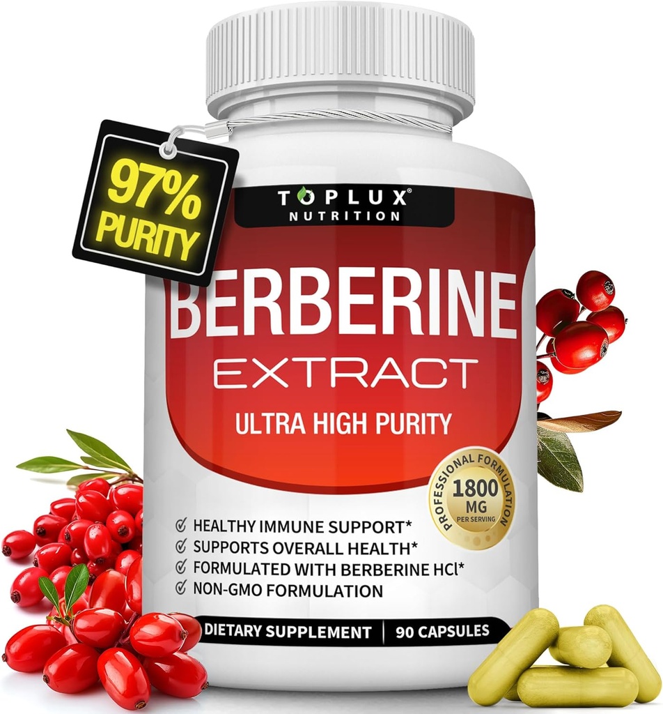 Berberine Supplement 1800 mg - Berberine HCL % 97 Tested Ultra Yüksek Saf Premium Berberine Çeviri Genel Sağlık, Yüksek Potency Berberine Plus Non-GMO Vegan Erkekler Kadınlar, 90 Capsules