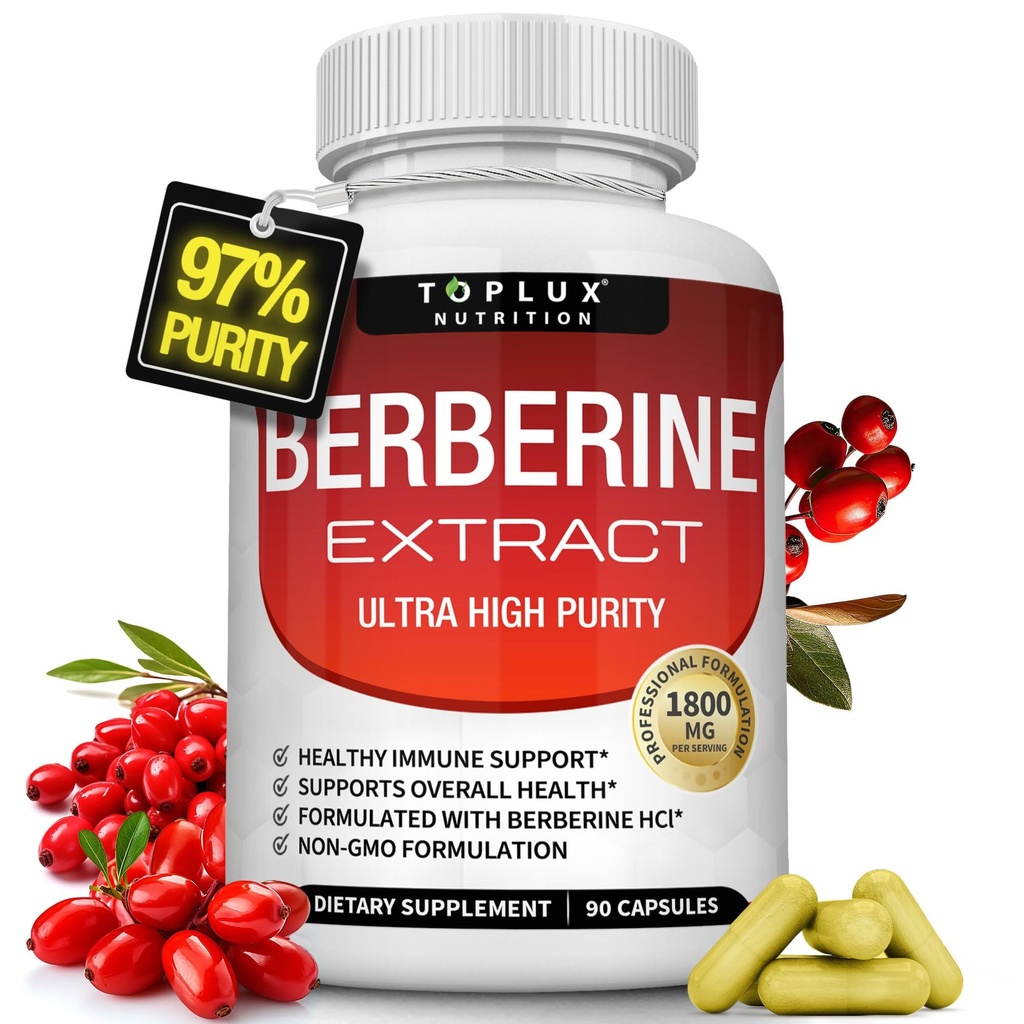Berberine Supplement 1800 mg - Berberine HCL % 97 Tested Ultra Yüksek Saf Premium Berberine Çeviri Genel Sağlık, Yüksek Potency Berberine Plus Non-GMO Vegan Erkekler Kadınlar, 90 Capsules