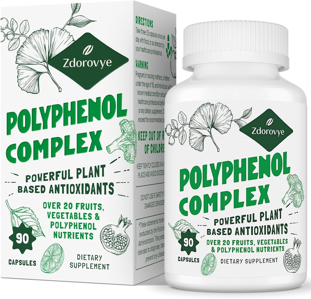 20 Meyveler, Sebzeler ve Polifenoller, Güçlü Antioksiler, Quercetin, Resveratrol, Turmeric, Green Tea, Polyols for Age Defense, Energy & Immune, 90 Capsules
