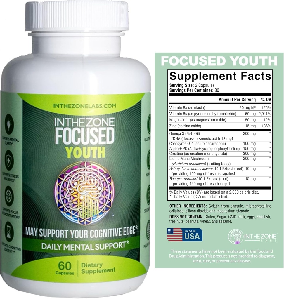InTheZone Focused Youth - Premium Bioceutical, Nutraceutical, & Nootropic Formula for Cognative Development, Focus, Memory, and Mental Clarity Support for Youth - 60 Κάψουλες