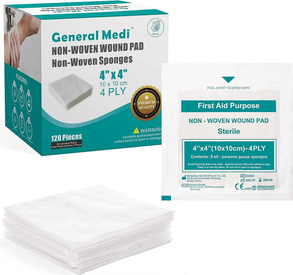 General Medi Sterile Gauze Sponges, 4" x 4" Μη-Woven Pound Pads - Ατομικά τυλιγμένα Πολύ Απορροφητικά Σφουγγάρια Pads για Υπομασιακές Μικρές Πληγές, Κόψεις & Καψίματα Φροντίδα Τραυμάτων (60 Πακέτα, 120 Κομμάτια Σύνολο)
